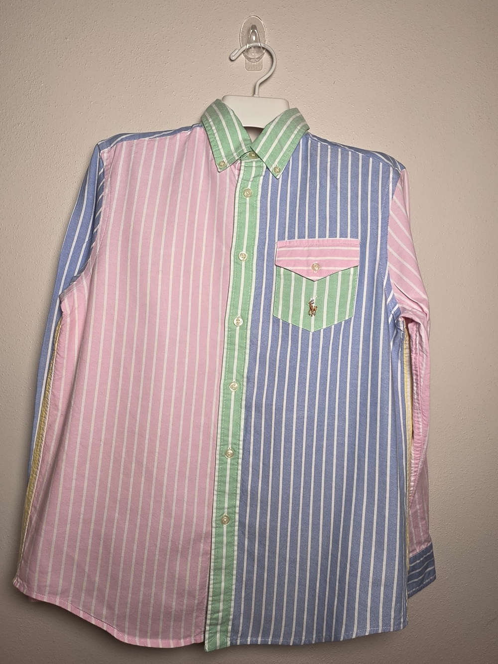 Kids Ralph Lauren Colorblock Striped Button-Down Shirt — Pink, Blue & Green